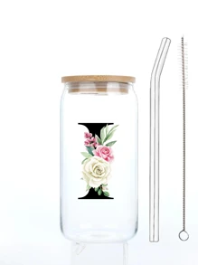 1 buc. Flori imprimate 3D, litere negre, ceașcă de sticlă cu capac, paie și perie cu paie, 16 oz, sticlă de apă, reutilizabilă, simplă, transparentă, de băut pentru lapte, ceai, petrecere, cafea, personalizată, creativă, utilizare în aer liber