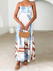 Women's Long Cami Dress Stripe/Dot Print Spaghetti Strap Backless A-Line Flowy Dress - Màu xanh lam - Xem 4