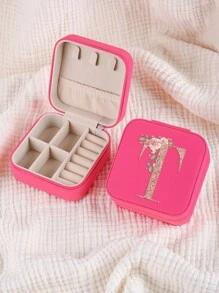 1pc Caixa de joias rosa com flores rosas, caixa de joias de viagem da moda com letras de ouro rosa, caixa de joias de viagem de presente personalizada, presentes de aniversário para mulheres, presentes de Natal para meninas adolescentes, iniciais, caixa de joias de viagem A-Z