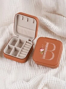 1pc Caixa de joias rosa com flores rosas, caixa de joias de viagem da moda com letras de ouro rosa, caixa de joias de viagem de presente personalizada, presentes de aniversário para mulheres, presentes de Natal para meninas adolescentes, iniciais, caixa de joias de viagem A-Z