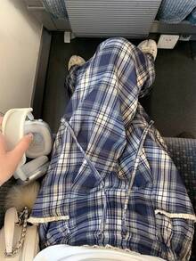 Slimming Plaid Wide Leg Pants, Drawstring Waist, Relaxed Fit, Patchwork Waistband, Straight Leg Long Trousers, Versatile