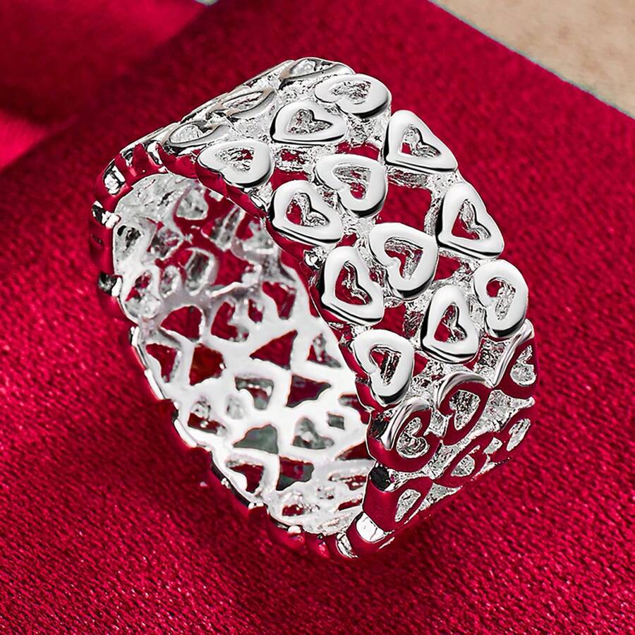 خاتم قلب كامل مطلي بالفضة الإسترليني 925 للنساء، مناسب للزفاف والخطوبة والحفلات، مجوهرات أنيقة - فضي - مشاهدة 1