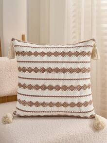 1pc Woven Linen Tasseled Cushion Cover, Bohemian Style, Suitable For Living Room, Bedroom, Weddings - Beige - View 1