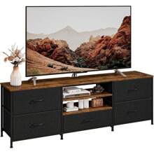 Mueble para TV de hasta 65 pulgadas, Soporte de TV de madera con 5 cajones de tela, Mesa consola de TV de 3 niveles de madera, Centro de entretenimiento con estantes abiertos, Gabinete de TV con marco de metal para sala de estar, dormitorio - Negro - Ver 1