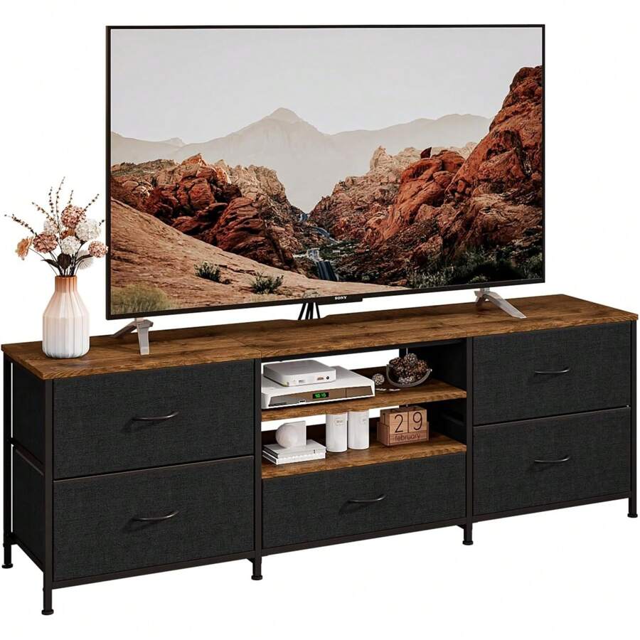 Mueble para TV de hasta 65 pulgadas, Soporte de TV de madera con 5 cajones de tela, Mesa consola de TV de 3 niveles de madera, Centro de entretenimiento con estantes abiertos, Gabinete de TV con marco de metal para sala de estar, dormitorio - Negro - Ver 1