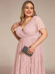 Plus Size V Neck Short Sleeves Pleated High Low Mother Of Bride Lace Dresses - Baby Pink - View 5