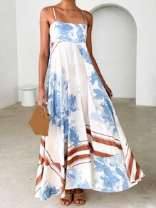 Women's Long Cami Dress Stripe/Dot Print Spaghetti Strap Backless A-Line Flowy Dress - Màu xanh lam - Xem 2