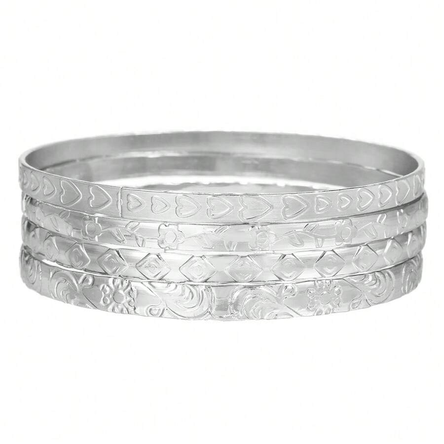 RINTOLER 4pcs/Set Unique Handmade Geometric Hollow Woven Bangle Bracelet Set - ZJ12731-4 Pieces Of Silver Love Flower Bracelets - View 1