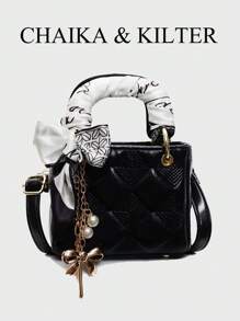 CHAIKA & KILTER 1pc Solid Color Glossy PU Leather Handbag, Women's Fashion Mini Tote Bag, Quilted Design, Dual Top Handles, Detachable & Adjustable Shoulder Strap, Suitable For Daily And Outdoor Use (Sold With Scarf And Pendant Accessories) - Black - View 1