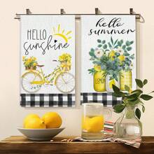 2pcs Summer Theme Polyester Kitchen Towels, Super Soft Woven Dishcloth, Cartoon Lemon & Bicycle Design, Modern Style, 16inchx24inch, Summer Farmhouse Decor