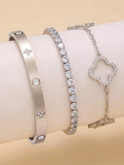 Vintage Stainless Steel Zirconia Four-Leaf Clover Bracelet, Women's Daily Wear Jewelry