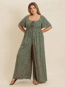 Rusttydustty Tuta a maniche corte con scollo quadrato, a fiori stile boho, con arricciature, per taglie forti, abbigliamento da spiaggia, vacanza tropicale, costume da festival musicale, pasqua