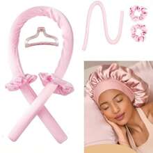 女士缎面睡帽套装，带发夹、发环、发带 - 防过敏、长发造型、轻松质感护发、含手动卷发棒、无香 - 沙龙品质发饰、发卷、无热卷发、卷发器、美发产品及理发沙龙配件美容旅行必备品 - 彩色 - 查看 3