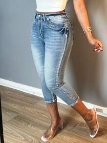 Women Fashion Vintage Washed Denim Pants Small Legs Button-Up Zipper Open Slim-Fit Stretchy Jeans - 淺色水洗藍 - 查看 3
