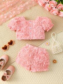 Bộ 2 món áo thun tay ngắn cổ vuông họa tiết hoa hồng 3D cho bé gái và quần short - Nhiều màu - Xem 1