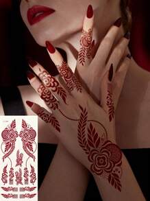 Tiebeauty 1 件花朵指甲花纹身贴纸棕色防水手部纹身贴纸女士派对贴花 Mehndi 设计 - 棕色 - 查看 10