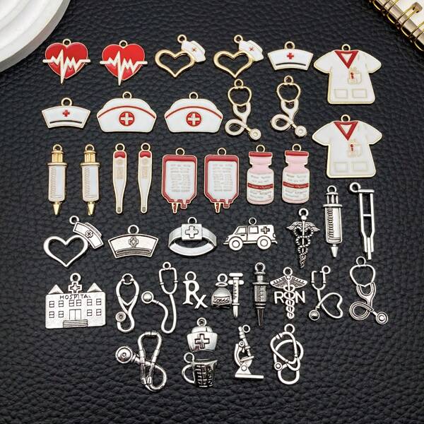 12/20 pezzi misti di ciondoli richiamano medico di cappello di filtro e stetoscopio in lega di argento antico smaltato da inserire in braccialetti o collane fai da te, forniture per la creazione di gioielli, regalo per infermiere e dottori