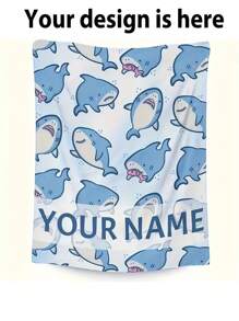 1pc Personalized Flannel Blanket With Cartoon Shark Graphic, Decorative Blanket For Sofa, Living Room, Bedroom Home Decor, Extra Thick & Soft, Suitable For All Seasons, Great Gift For Family & Friends