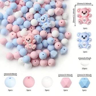 8/29/30/84pcs 3D Silicone Bead Set, Cute Bear Focus Bead 15mm Silicone Round Beads For Pen Character, Keychain, Jewelry Making, Bracelet, Necklace, Handicrafts