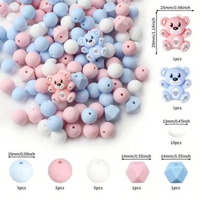 8/29/30/84pcs 3D Silicone Bead Set, Cute Bear Focus Bead 15mm Silicone Round Beads For Pen Character, Keychain, Jewelry Making, Bracelet, Necklace, Handicrafts