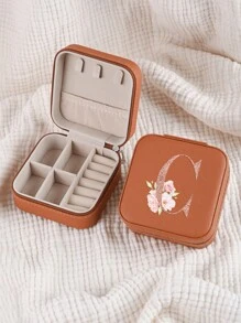 1pc Caixa de joias rosa com flores rosas, caixa de joias de viagem da moda com letras de ouro rosa, caixa de joias de viagem de presente personalizada, presentes de aniversário para mulheres, presentes de Natal para meninas adolescentes, iniciais, caixa de joias de viagem A-Z