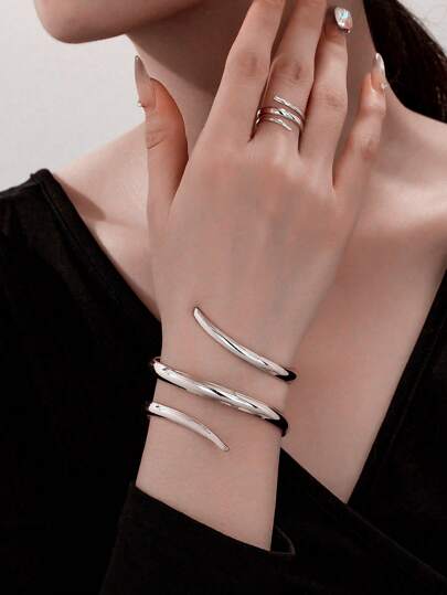 1 Set Minimalist Fashion Geometric Line Adjustable Bangle & Ring Set For Women