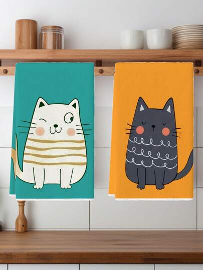 2pcs Kitchen Towels Cat Funny Pattern Farmhouse Dish Towels Kitchen Dishwashing Hand Tea Towels Kitchen Drying Dish Towels For Kitchen Restaurant Dining Table