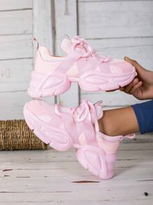 Women's Solid Color Mesh Thick Sole Sneakers, Lace-Up Breathable Running Shoes, Thick Sole Chunky Sneakers