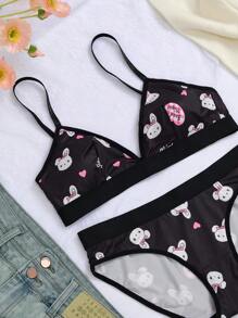 Sanrio طقم 2 قطعة من بنطلونات داخلية ذات خصر مرن وصدريات للنساء مطبوع عليها طبعة 'هلو كيتي' - الأسود - مشاهدة 3