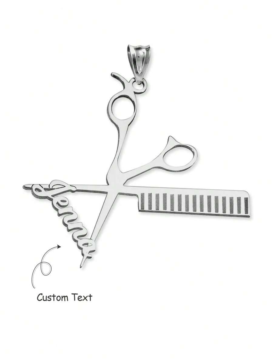 Customized 18K Gold Plated Scissors & Comb Necklace, Personalized Stainless Steel 304L Pendant Jewelry Gift, Daily Wear Jewelry Accessories - Silver - View 1