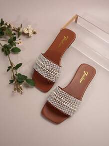 Women's One-Toe Strap Rhinestone Embellished Casual Sandals, Outdoor Plastic Flat Slippers - Brown - View 4