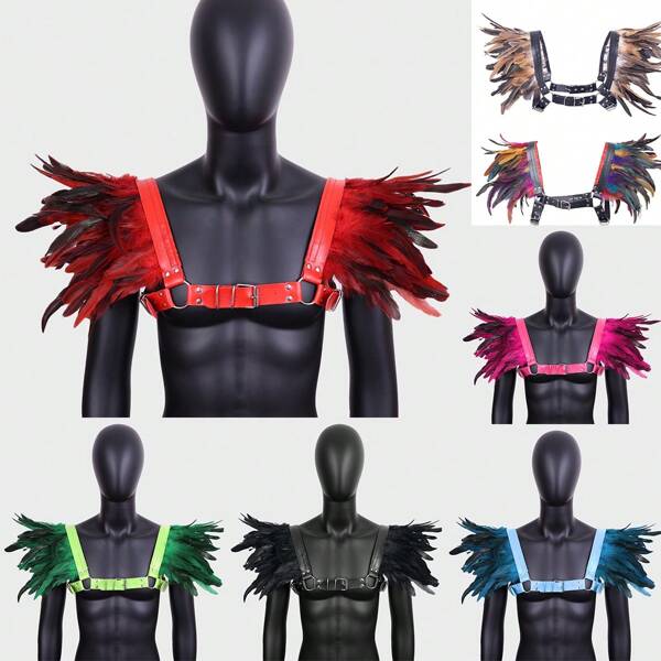 Gothic Feather Epaulet Shawl Shoulders Feathered Cloak Feather Body Harness For Women/Men Punk Gothic Rave Dance Festival Artificial Feathers