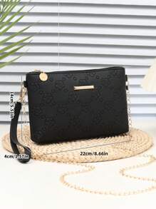 Mini PU Black Floral Embossed Minimalist Solid Color Shoulder Handbag With Chain - Black - View 5