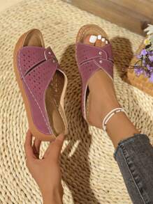 Women's Summer Open Toe Criss-Cross Sandals, Casual High Heel Hollow Platform Rhinestone Slide Slippers