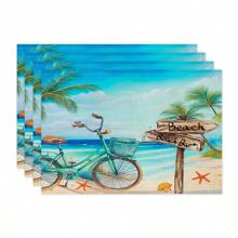 1pc/4pcs/6pcs Summer Decorative Placemats, Bicycle, Starfish, Coconut Tree, Letter Linen Placemats, Dirt-Resistant Placemats, Suitable For Home, Restaurant, Dining Table Decor, Household Supplies