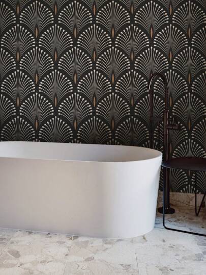 Zwart Wit Art Deco Inspired Bloemen Removable Wallpaper Moderne Peel Stick Adhesive Wand Mural Roll 17.7" 78.7" 118.1" Room Home Bathroom Kitchen Living Paper Stickers Ho Bedroom ation Stuff Wallpapers view 5