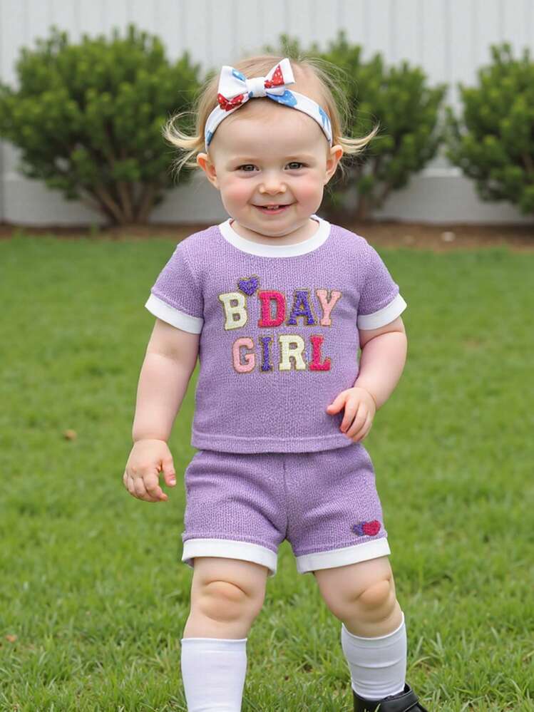 Toddler Girl Birthday Outfits Letter Embroidery Short Sleeve Round Neck T-Shirt + Elastic Waist Shorts 2 Pcs Set - Purple - View 3