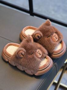 1 Pair Kids Boy Indoor Slippers, Anti-Slip Linen House Slippers For Toddlers, Suitable For Spring & Autumn - Brown - View 3