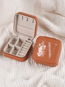 1pc Caixa de joias rosa com flores rosas, caixa de joias de viagem da moda com letras de ouro rosa, caixa de joias de viagem de presente personalizada, presentes de aniversário para mulheres, presentes de Natal para meninas adolescentes, iniciais, caixa de joias de viagem A-Z