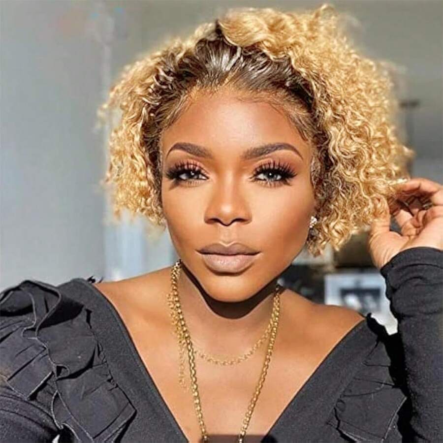 Pixie Cut Curly Human Hair Wigs Ginger 350 Short Curly Lace Front Human Hair Wigs For Women 6 Inch 13x1 Transparent Lace Frontal Wigs Water Wave Dark Rooted To Ginger Orange Color - T4/27 - 查看 1
