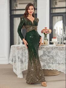 Elisanya Random Cut V-Neck Long Sleeve Fitted Gradient Sequin Elegant Formal Evening Gown Dress, Party Dress, Wedding Guest Dress - Dark Green - View 6
