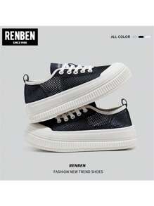 RENBEN 帆布运动鞋女休闲平底鞋复古新款圆头百搭白色鞋子厚底秋季 - 黑色 - 查看 9