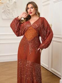 Plus Size Seomiscky Middle-East Women Sexy V Neck Long Sleeve Sequin Split Party Elegant Dress, Formal, Gown, For Evening, Wedding Guest - Brown - View 5