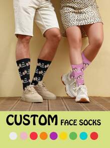 Personalized Photo Socks - Customized Fun Neutral Mid-Calf Round Socks With Face Replacement, Breathable & Comfortable, Perfect Gift For Couples, With Fun Photo Design, Ideal For Valentine's Day, Birthday And Special Occasions, Unique Socks - Multicolor - View 3