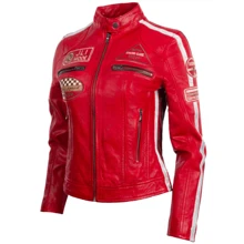 AVIATRIX Women Real Leather Racing Biker Jacket QOOC - Red - View 2