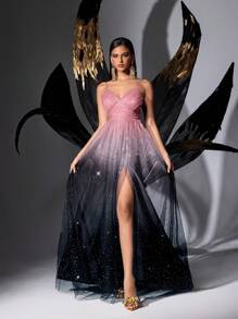 QOQ 女神气质夏季亮片礼服高档晚礼服毕业季舞会生日派对颁奖典礼渐变色网纱开衩吊带长裙 - 粉色 - 查看 1