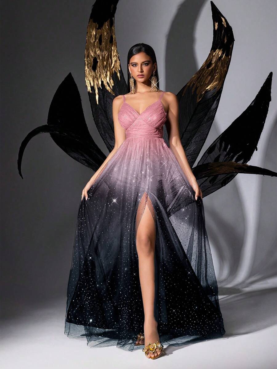 QOQ 女神气质夏季亮片礼服高档晚礼服毕业季舞会生日派对颁奖典礼渐变色网纱开衩吊带长裙 - 粉色 - 查看 1