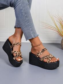 Women's Leopard Print Cross Strap Wedge Sandals, 2025 New Summer Open Toe Non-Slip Platform Sandals