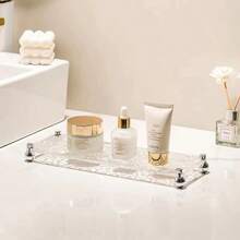 1Set/1pc Stone Pattern Clear Acrylic Tray Bathroom Vanity Trays With Stand, Cosmetic Table Jewelry Skin Care Cosmetics Tray, Napkin Tray, Clear Color Tray For Perfume, Aromatherapy, Shower Gel, Skin Care Products, Cosmetics Back To School
