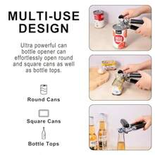 Ouvre-boîte et ouvre-bouteille multifonctionnel. Facile à utiliser, molette de coupe en acier inoxydable ultra-tranchante, poignées souples et ergonomiques.